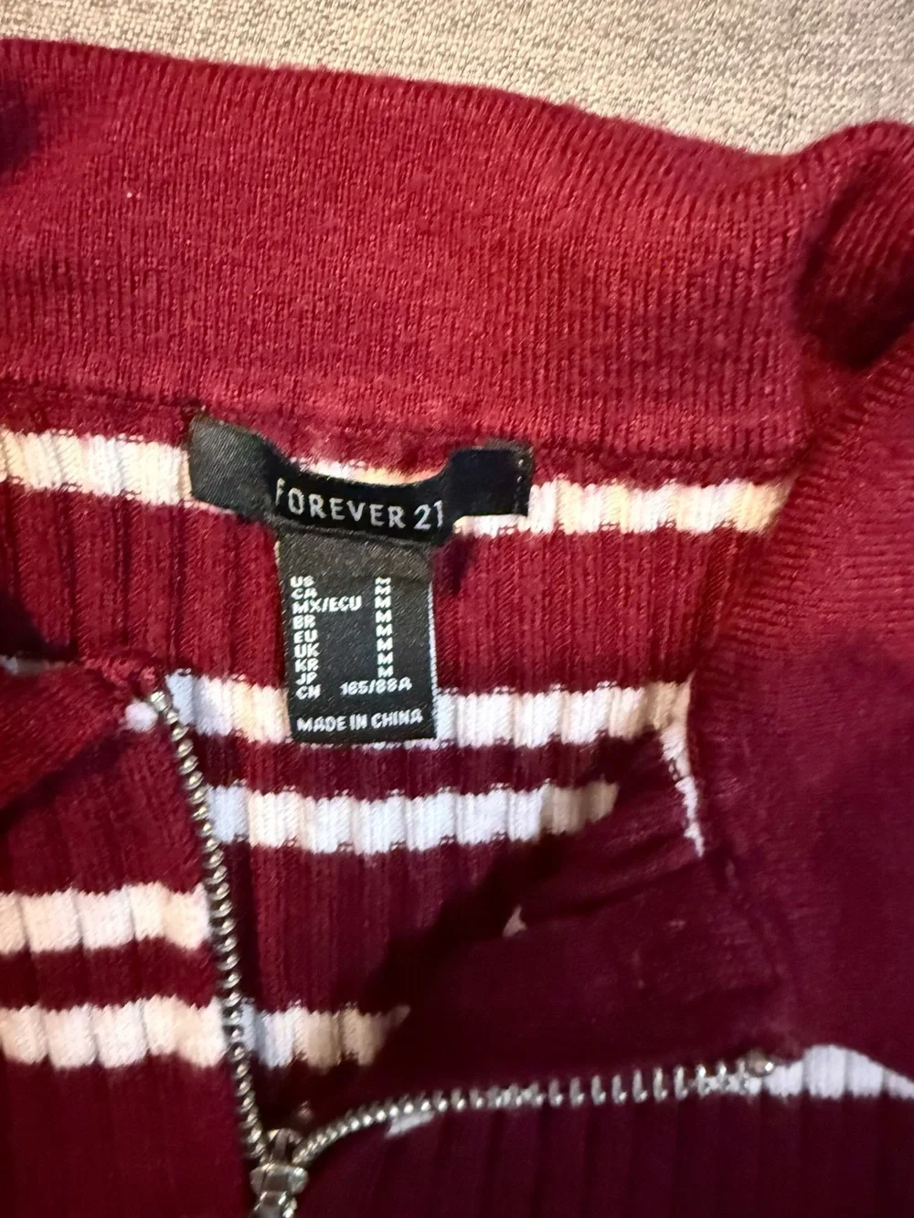 Forever 21 Burgundy & White Striped Zip-Collar Polo